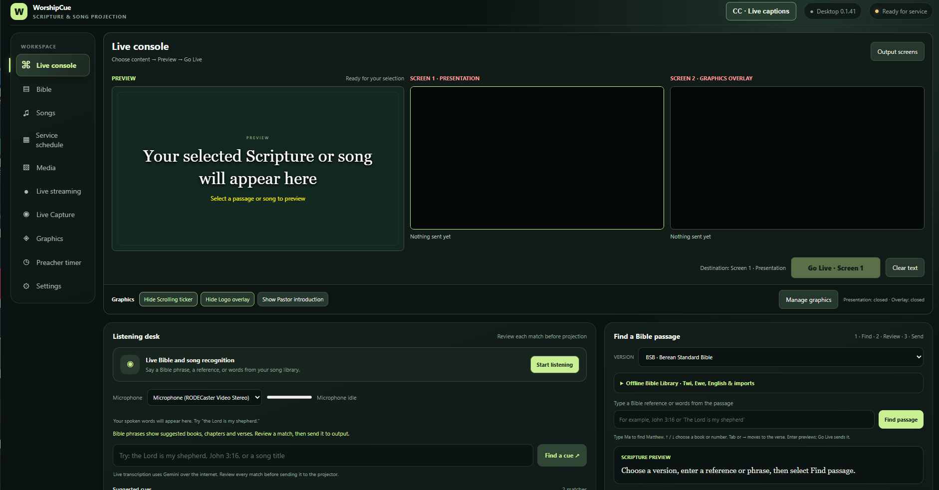 Actual WorshipCue desktop live console with preview, presentation output, graphics overlay and Bible search.