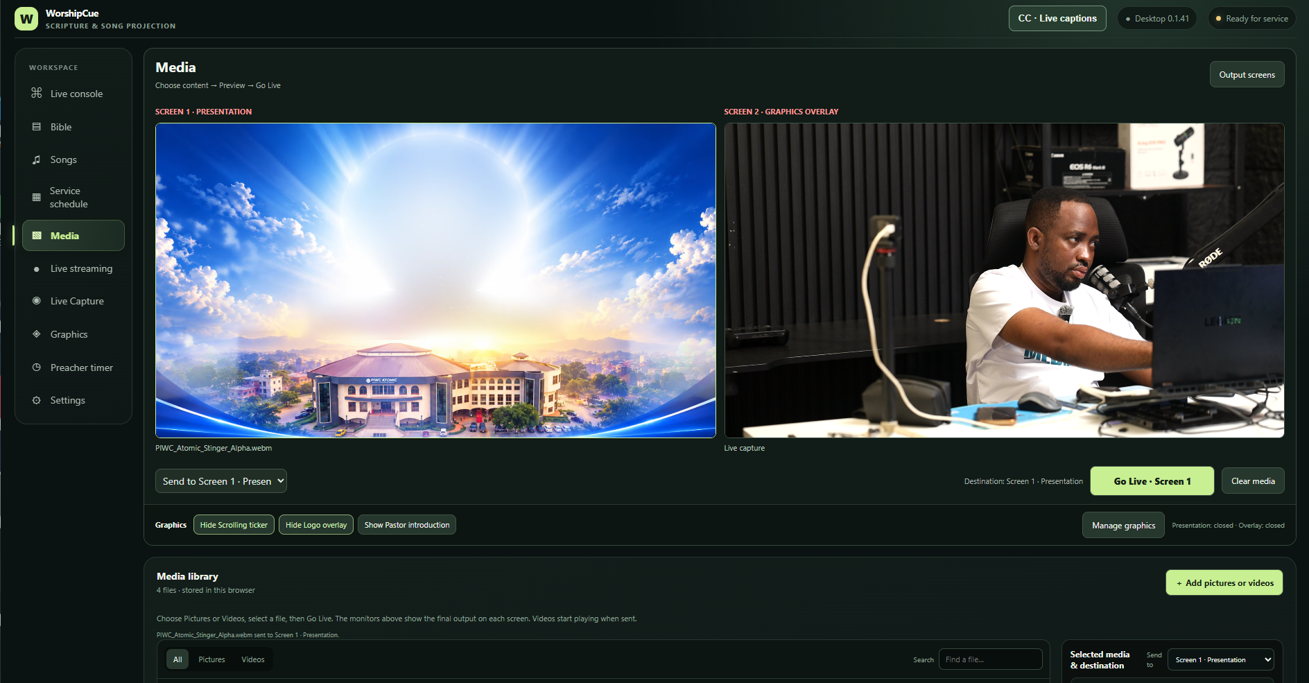Actual WorshipCue media workspace with a church presentation on screen one and a live camera feed on screen two.